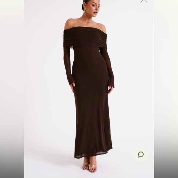 Meshki Josie Off Shoulder Mesh Maxi Dress - XS - Dark Brown - Picture 3 of 9